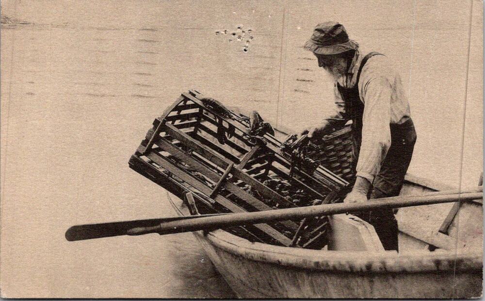Sepia-Toned Image of Lobster Fisherman 1938 Vintage Postcard SP17-16